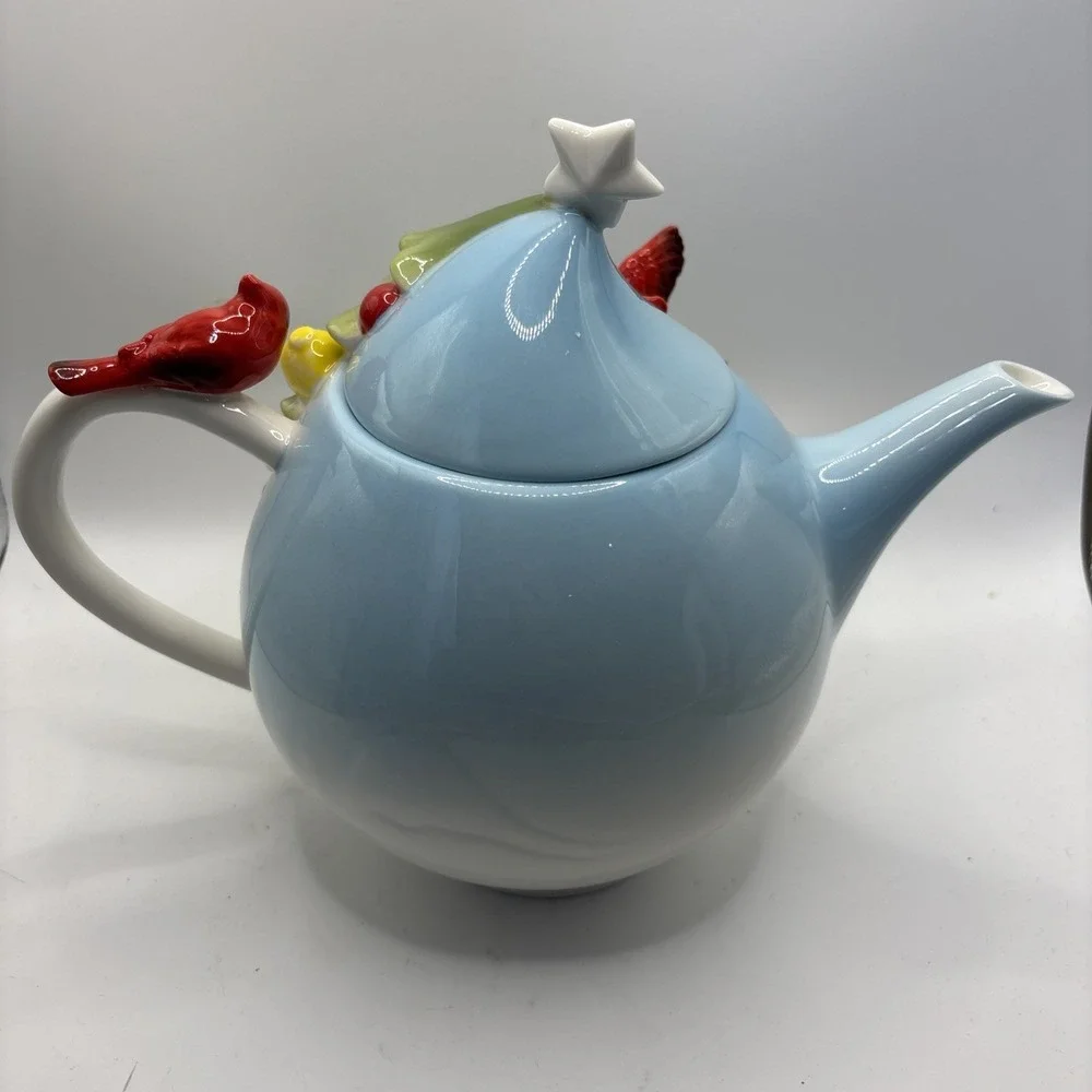 Vtg Pier 1 Imports Christmas Tree & Cardinal 3D Hand-painted‎ Porcelain Teapot